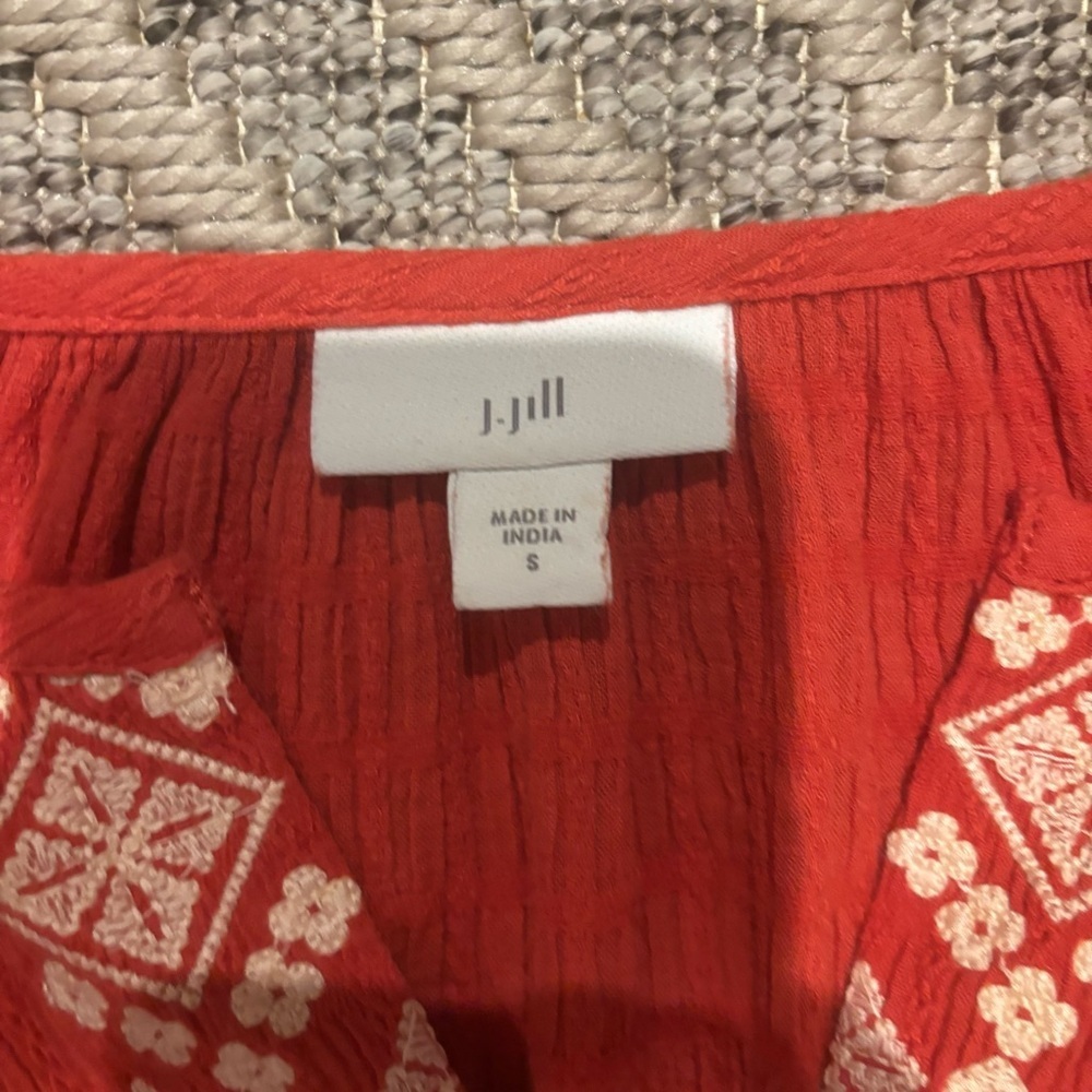 J.Jill Red Embroidered Crinkle Dress | Size Small | Boho Peasant Style - Picture 4 of 4